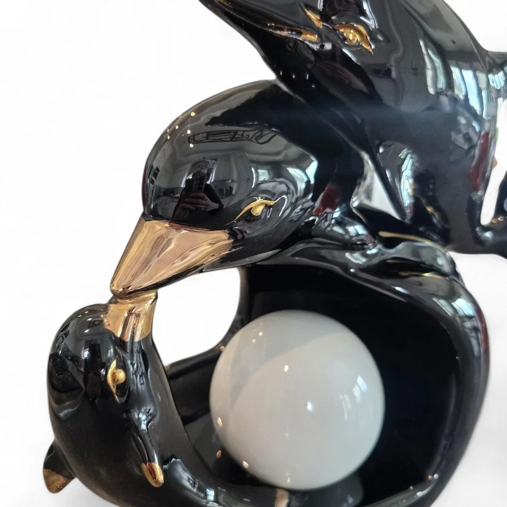 Vintage Dolphins TV Lamp 50's Black And Gold mcm Working Unique Gift